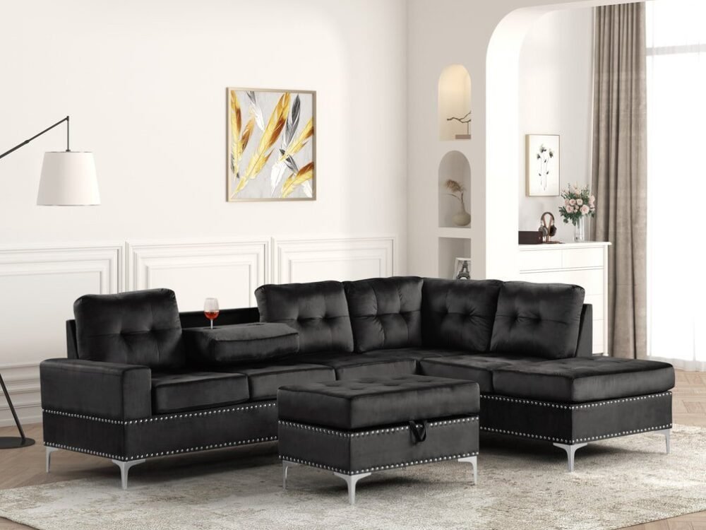 Anserra Black Reversible Sectional + Ottoman Set