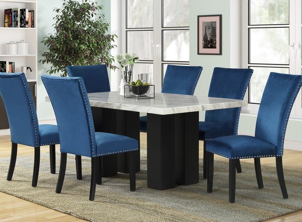 1220 Blue - (FAUX MARBLE) Dining Table + 6 Chair Set
