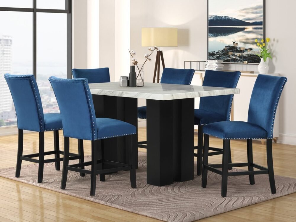 2220 Blue - (FAUX MARBLE) Counter Height Table + 6 Chair Set