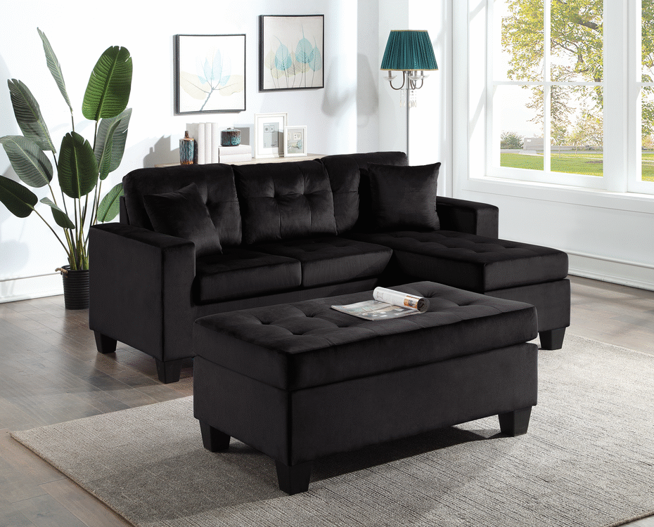 Naomi Black Velvet - Reversible Sectional & Ottoman Set