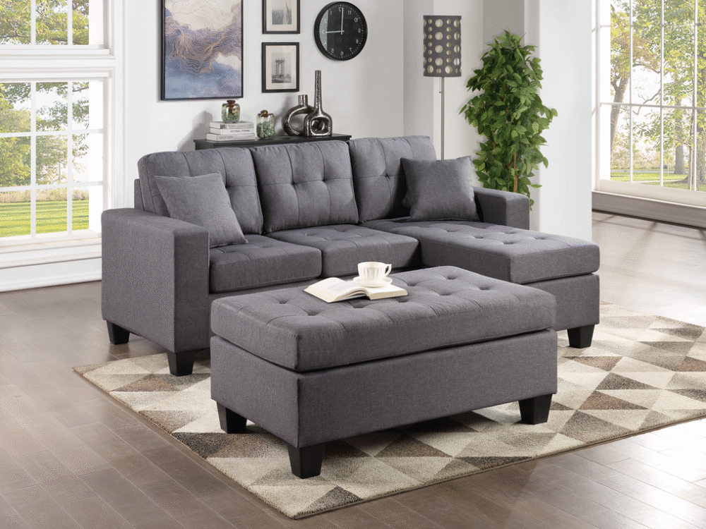 Naomi Grey Linen - Reversible Sectional & Ottoman