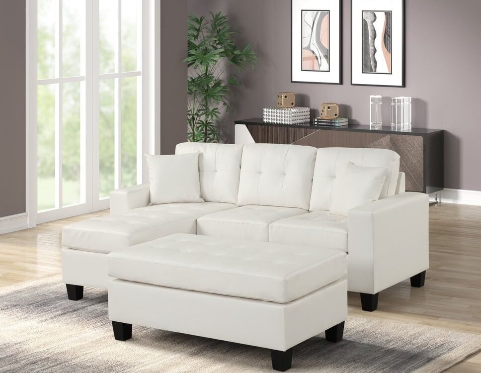Naomi White PU - Reversible Sectional & Ottoman