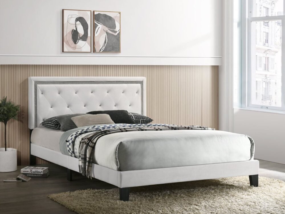 Passion White Velvet Platform Bed - Twin, Full, Queen, King