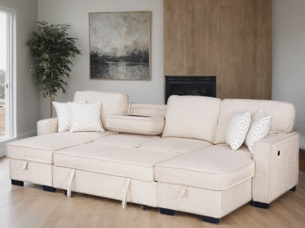 Sahara Beige - Double Storage Chaise Sectional w/ Drop Down Cupholders