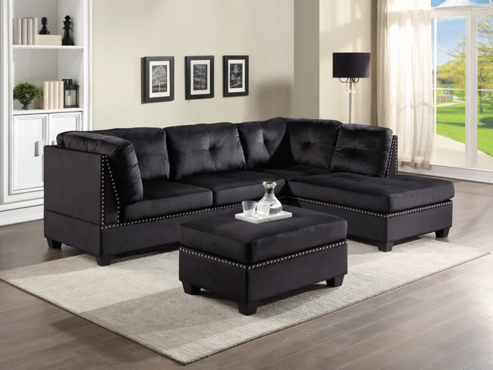 Sienna - Black Velvet Sectional + Ottoman Set